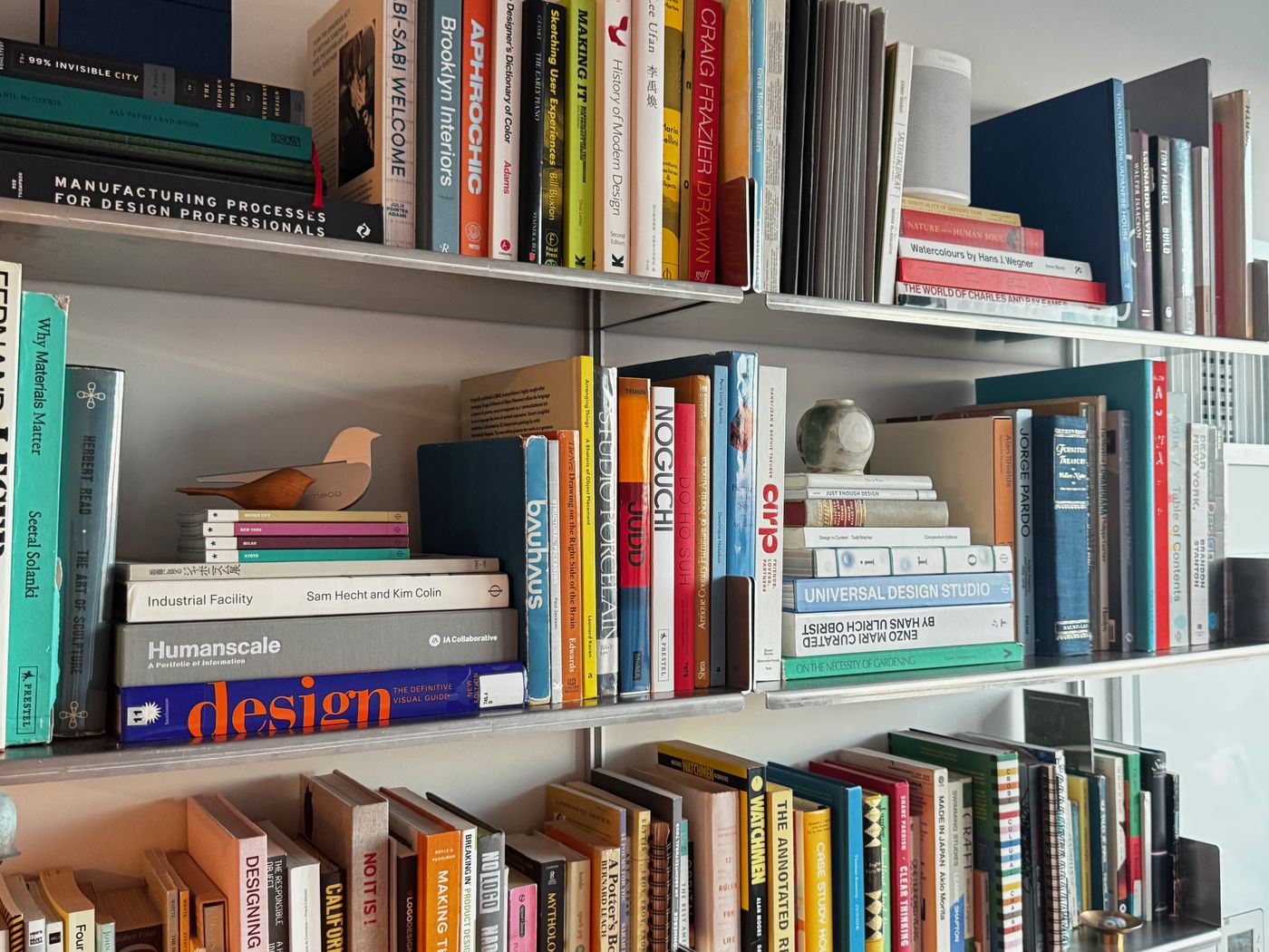Close view of raw aluminum shelves holding design books
